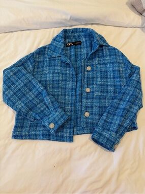 Zara Blue Tweed Cropped Blazer with Silver Buttons